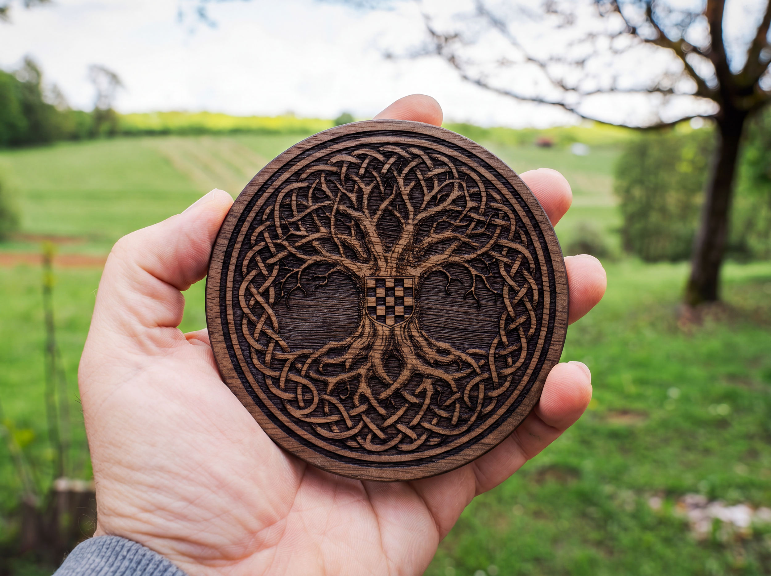 Tree of Life Croatian Coaster Set – Natural Acacia Wood