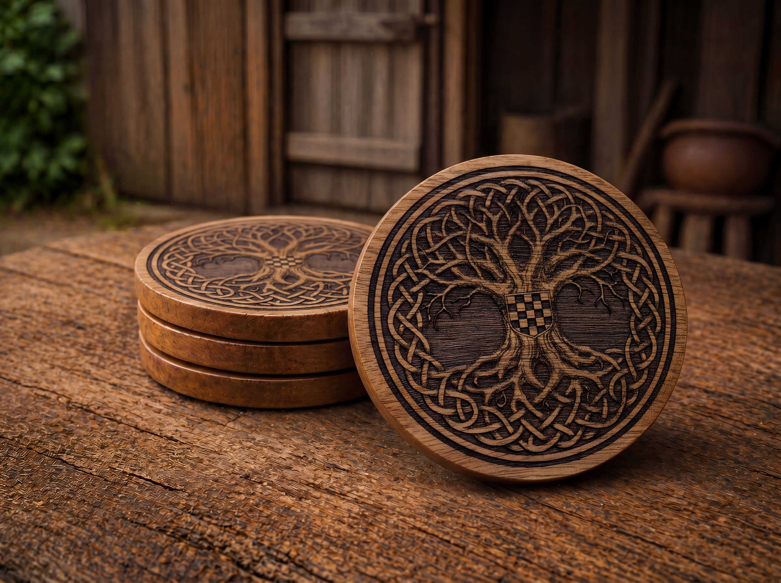 Tree of Life Croatian Coaster Set – Natural Acacia Wood