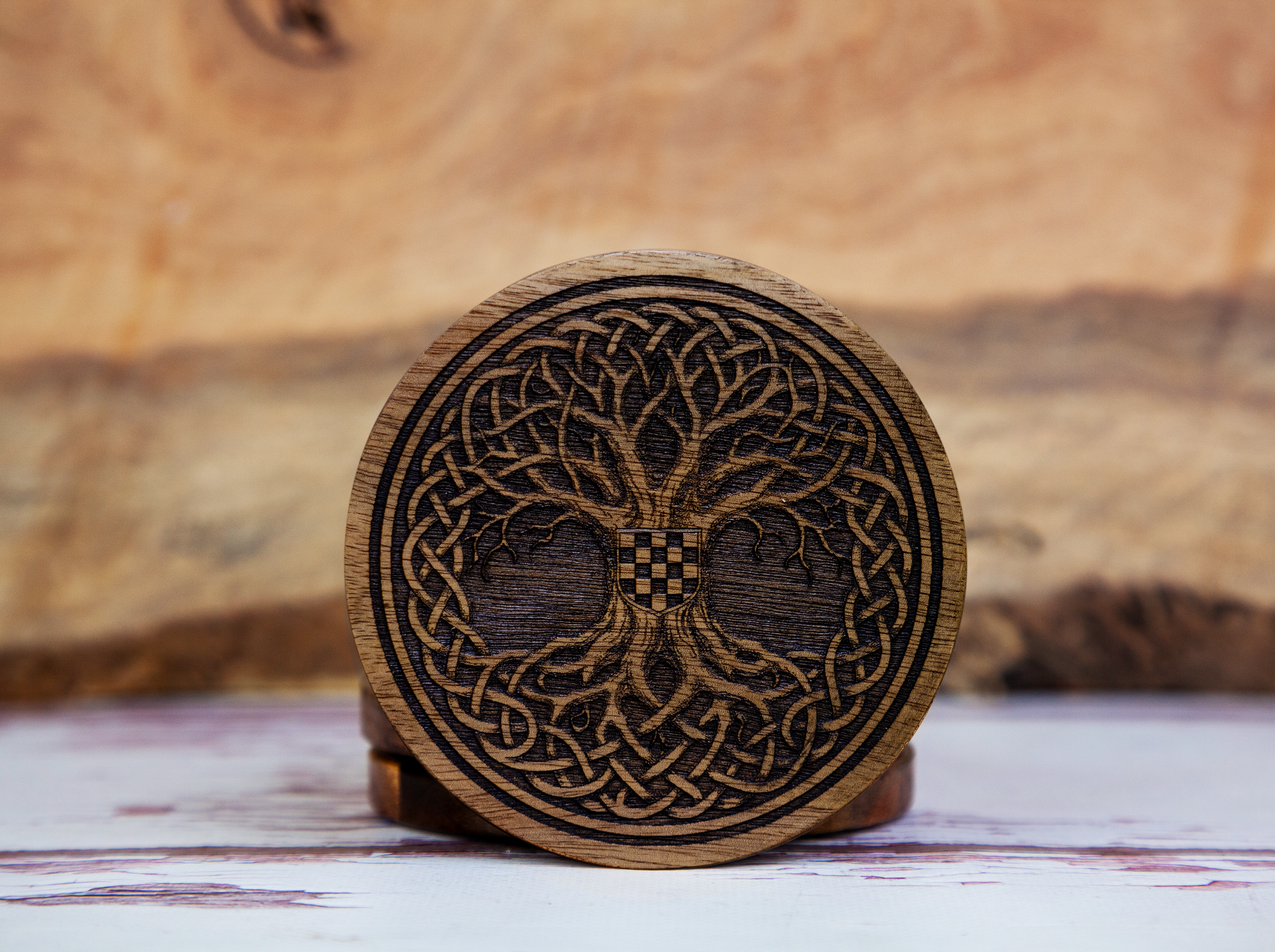 Tree of Life Croatian Coaster Set – Natural Acacia Wood