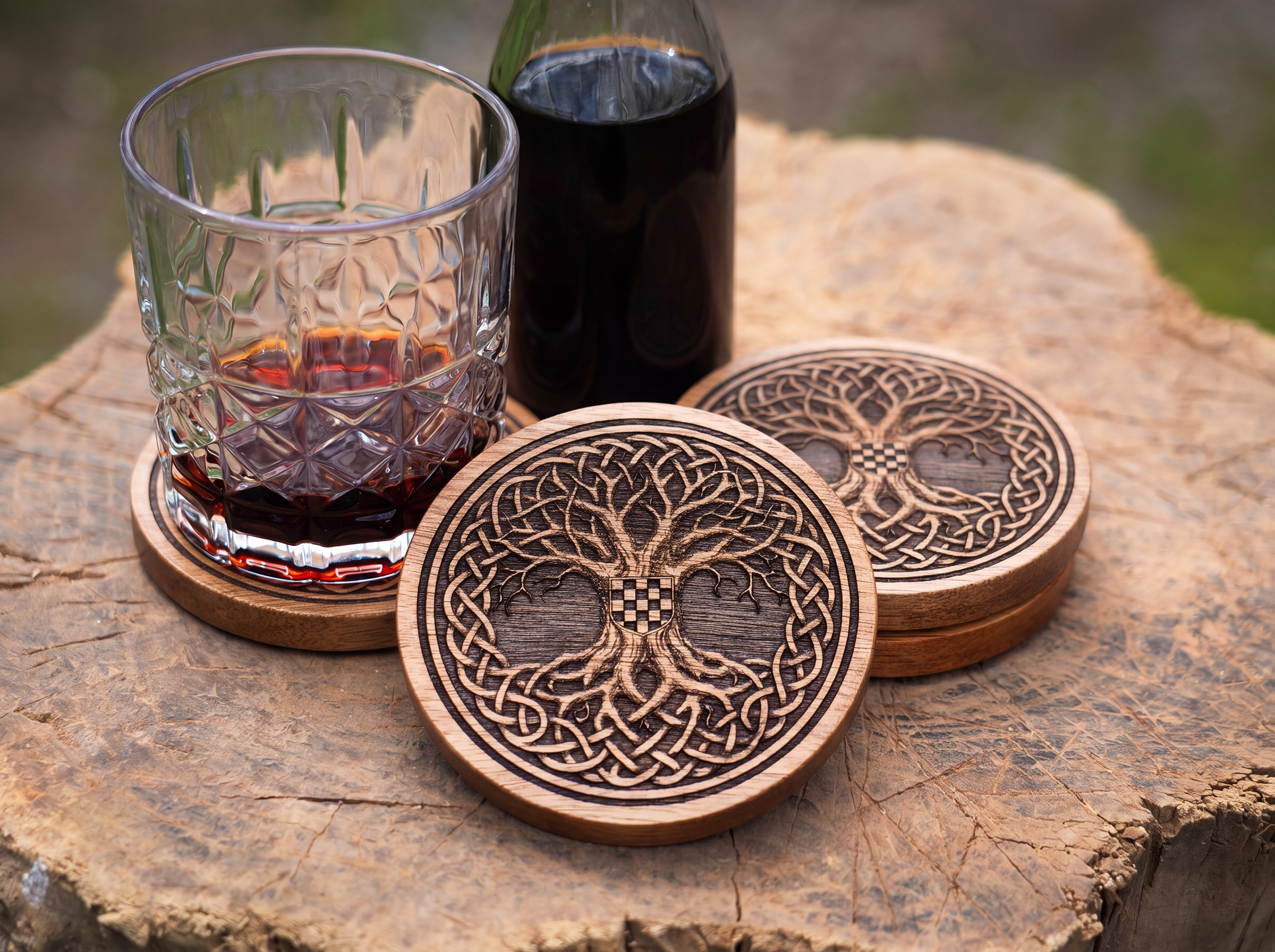 Tree of Life Croatian Coaster Set – Natural Acacia Wood