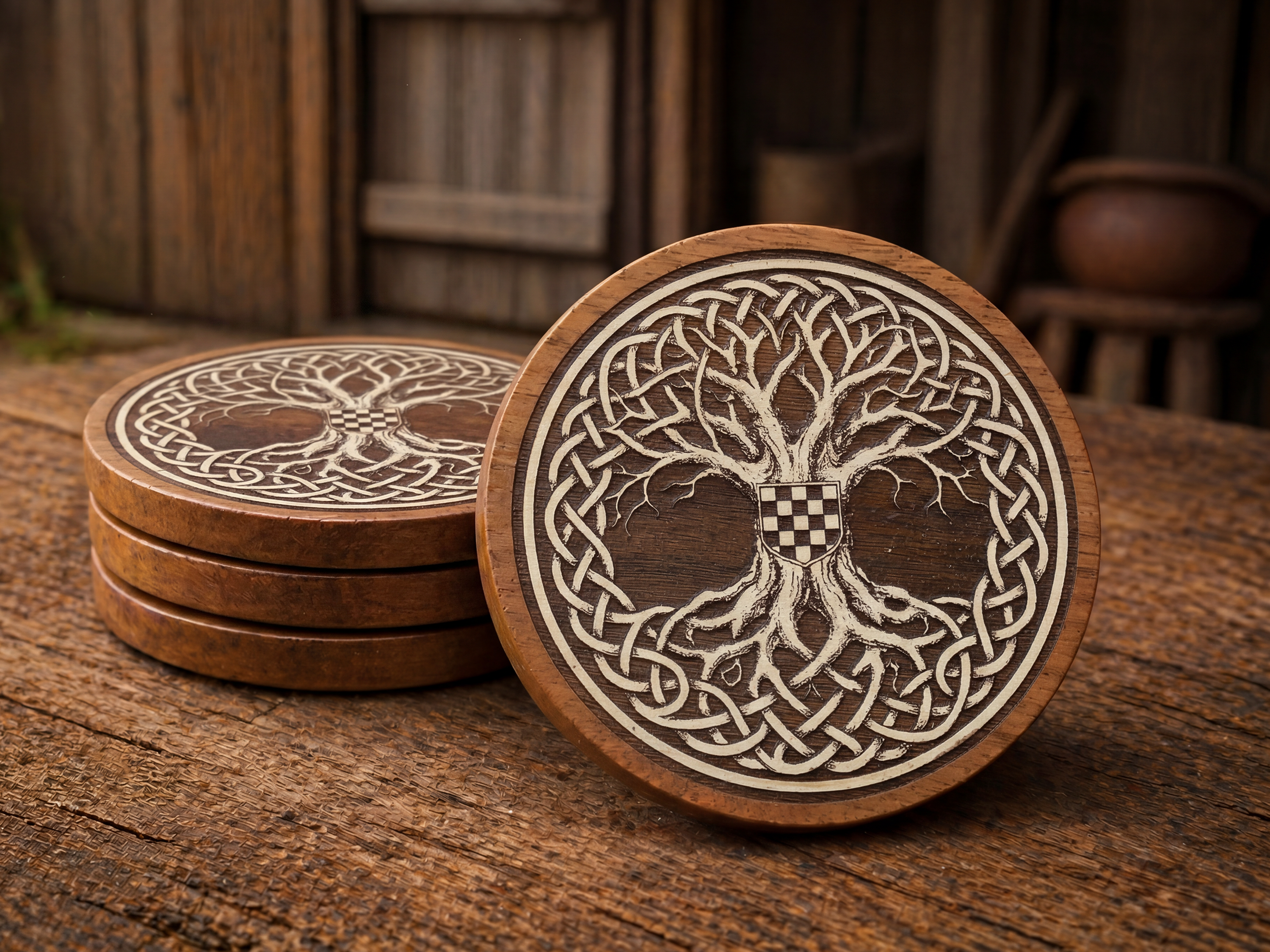 Croatian Tree of Life – White Painted Coaster Set